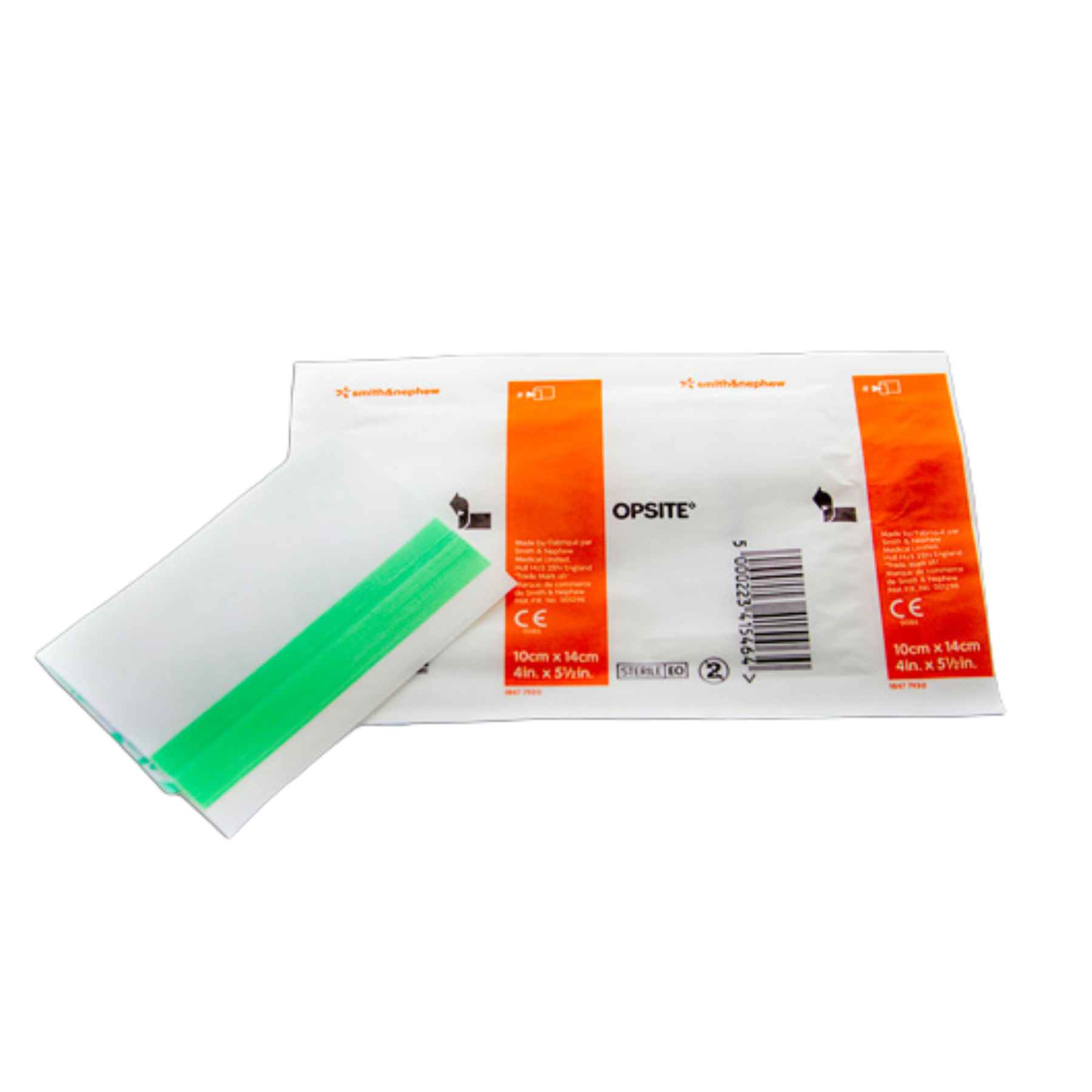 A single sterile packet and an unwrapped Opsite incise drape showing the protective backing and green application strip.