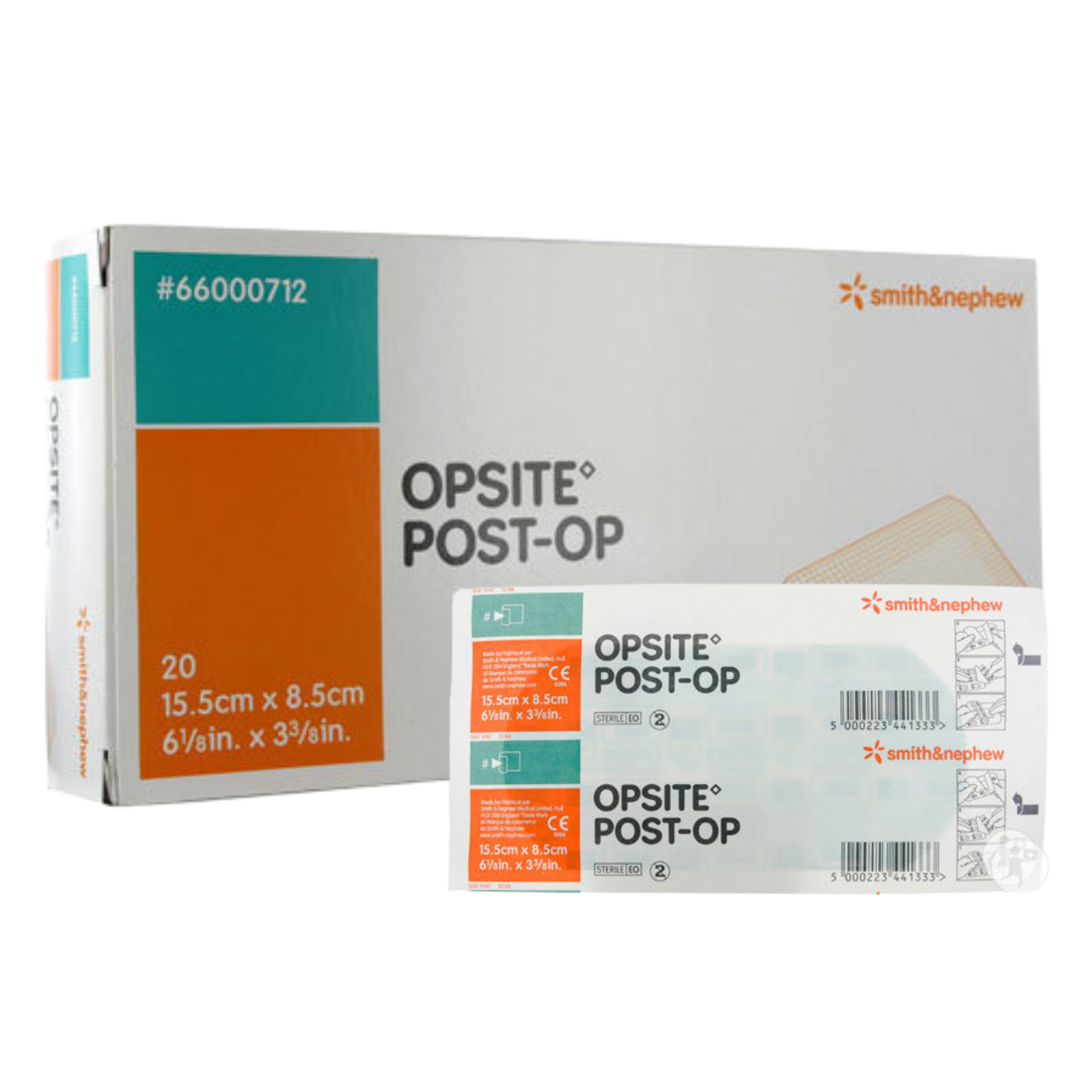 Smith & Nephew OPSITE Post-Op medical dressing box, size 15.5cm x 8.5cm (6.125in x 3.375in), containing 20 dressings, product code #66000712.