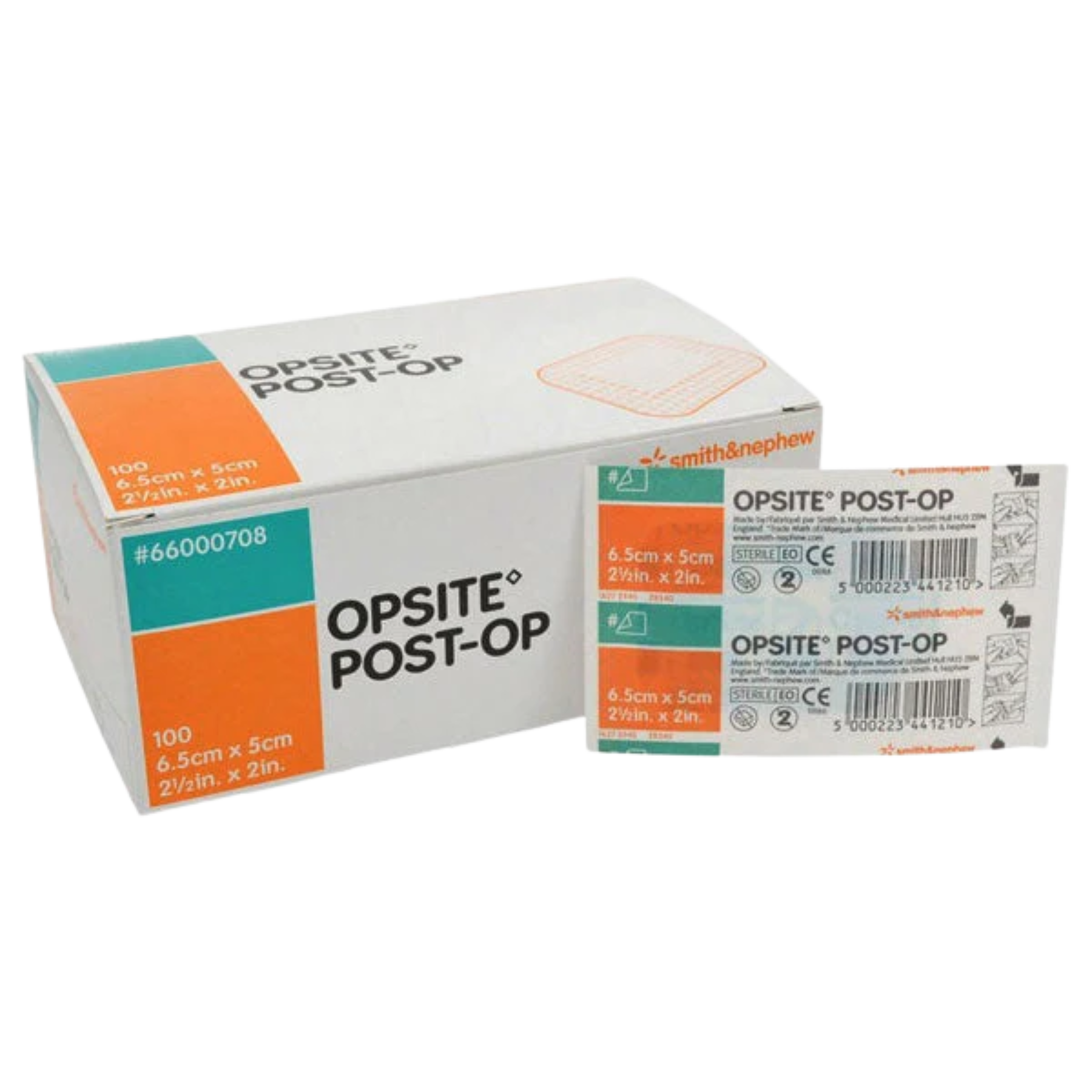 A box of Smith & Nephew OPSITE POST-OP dressings displayed next to two individual sterile sachets showing the 6.5cm x 5.0cm dimensions.