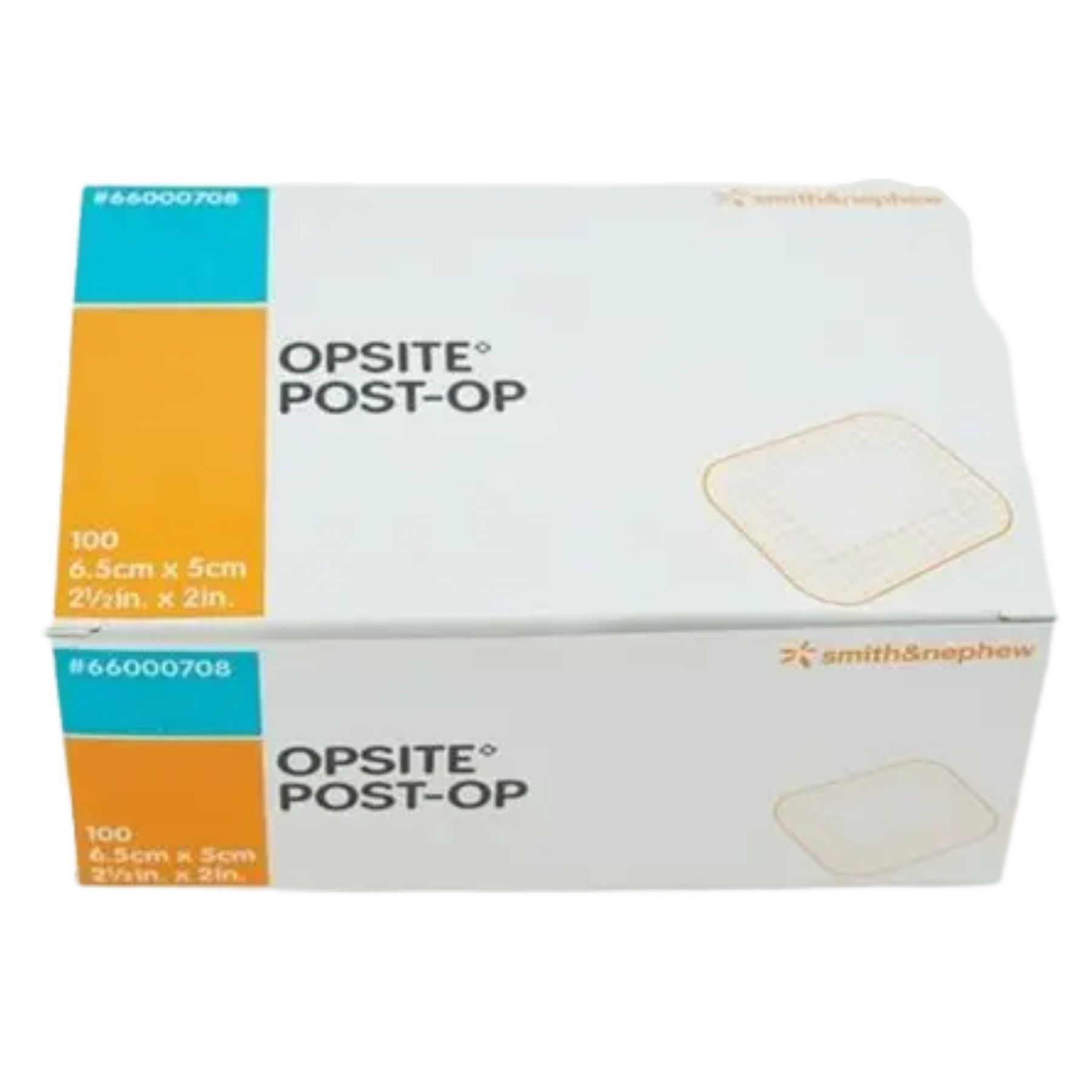 Side perspective of the OPSITE POST-OP dressing box, highlighting its use as a waterproof and bacteria-proof barrier for post-operative wounds.