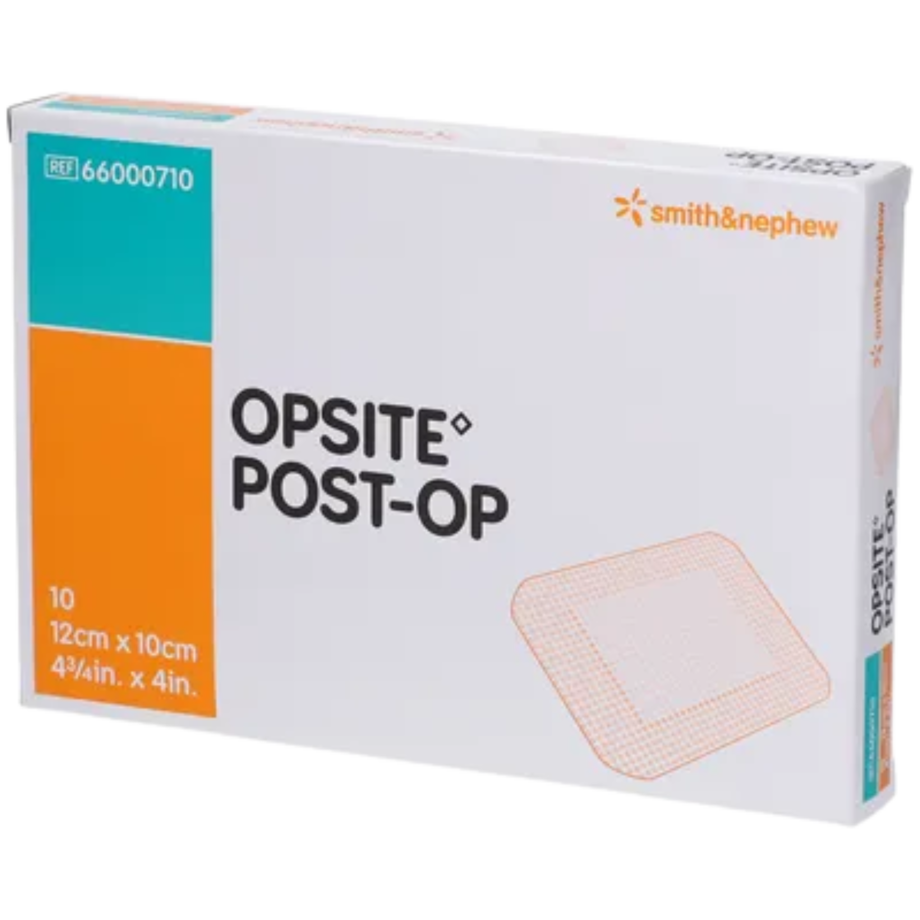 Front view of a Smith and Nephew Opsite Post-Op box for 10 dressings, size 12cm by 10cm.