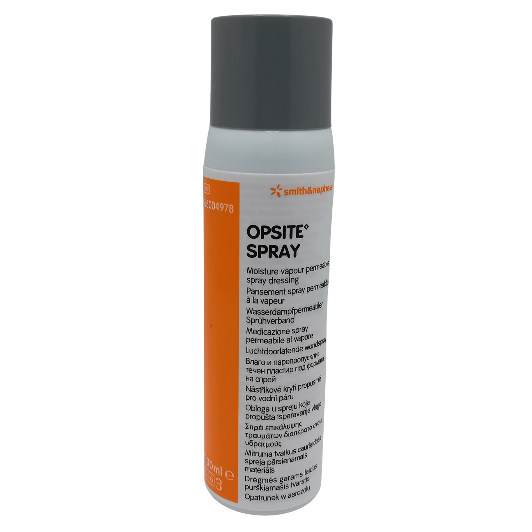 Front view of a Smith & Nephew Opsite Spray canister showing technical instructions and the moisture vapour permeable dressing label.