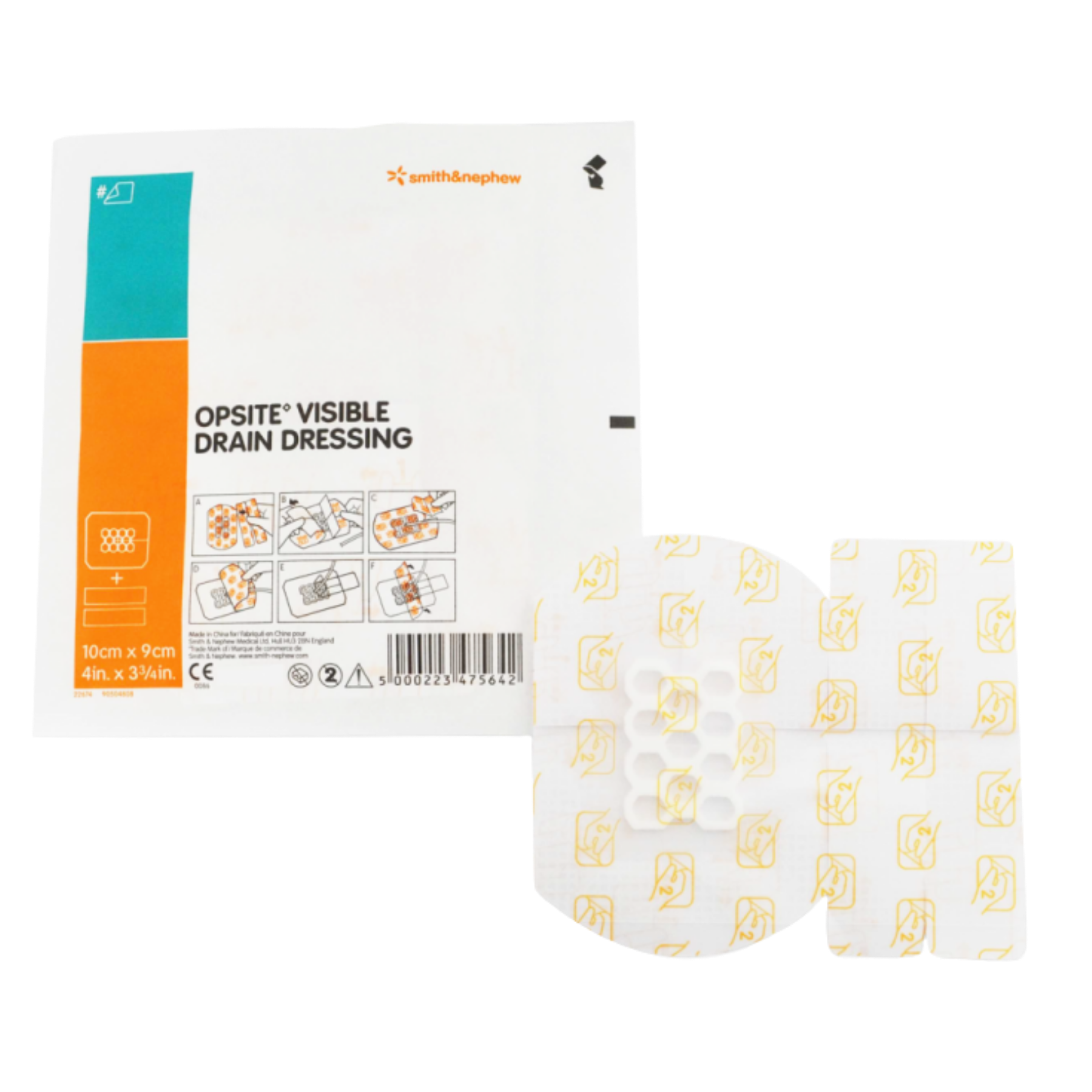 An individual sterile sachet for an OPSITE Visible Drain Dressing shown alongside the dressing's patterned adhesive backing and application instructions.