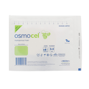 OsmoCel® Hydroporous Foam Non-Adhesive dressing, size 6cm x 8.5cm, shown in sterile individual packaging. Features include moderate exudate absorption, recommended wear time of 3–5 days, and peel-open design for easy application.
