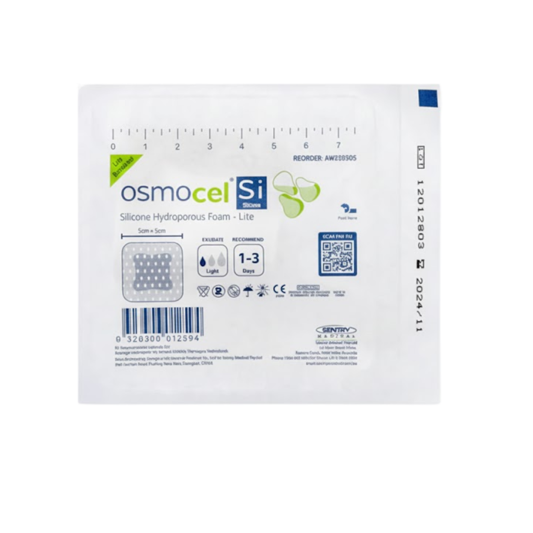 Front view of the product box for Osmocel Si Silicone Hydroporous Foam - Lite, 5cm x 5cm, containing 10 individual dressings, displaying the 'SENTRY MEDICAL' logo.