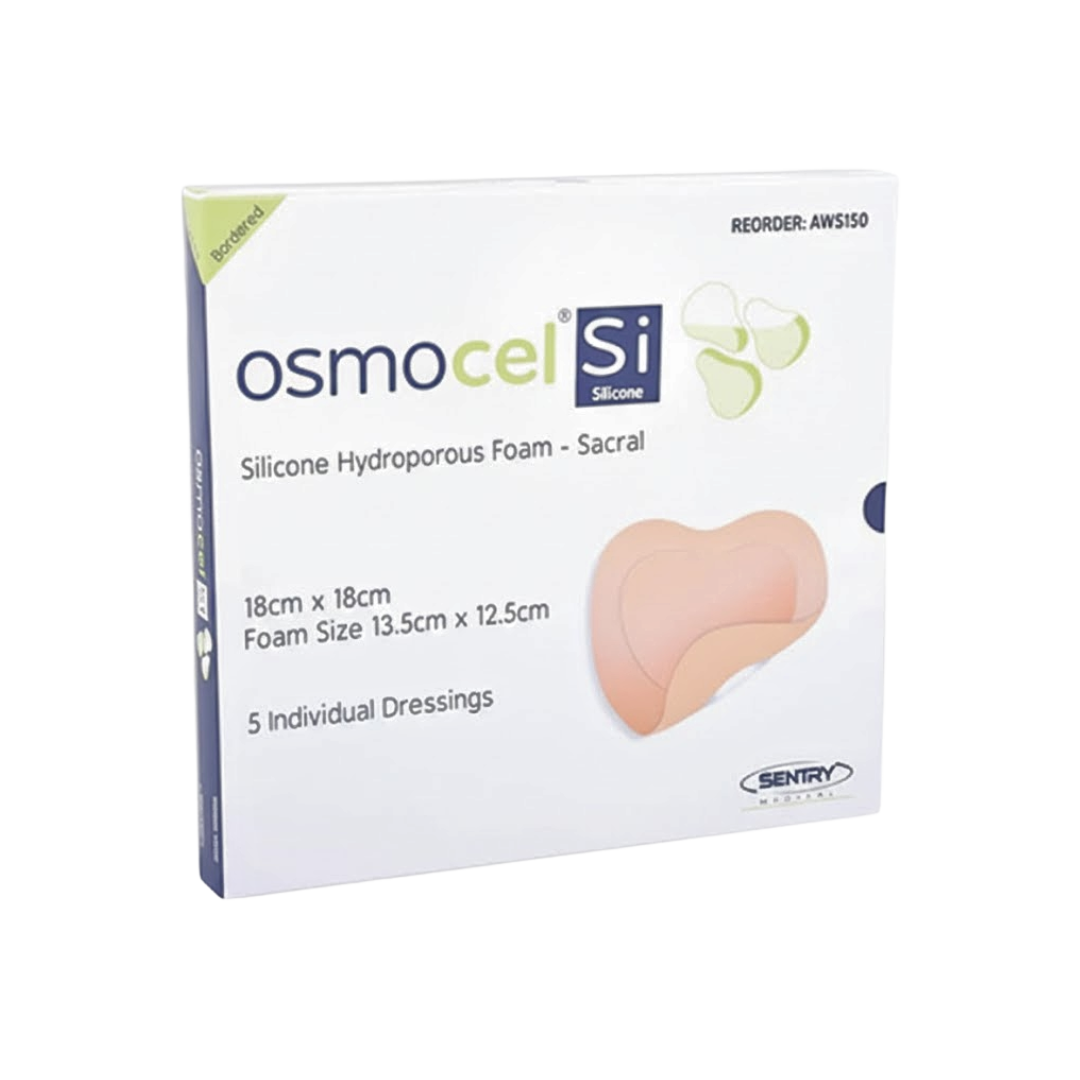 Box for Osmocel Si Silicone Hydrophorous Foam - Sacral Bordered, 18cm x 18cm dressing size, 13.5cm x 12.5cm foam size, 5 individual dressings. Reorder code AWS150.