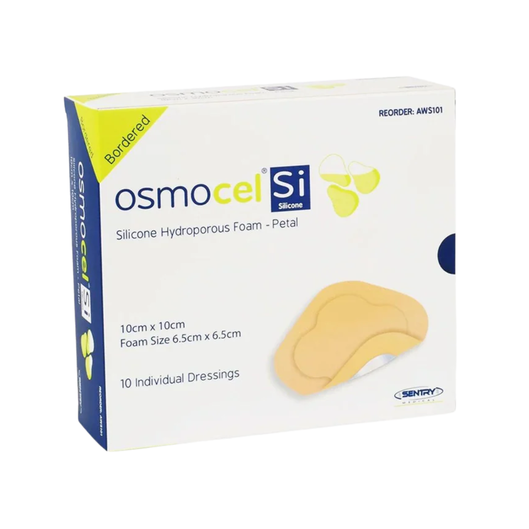 OsmoCel® Si Silicone Hydroporous Foam dressing, bordered, petal shape, size 10cm x 10cm (foam size 6.5cm x 6.5cm). Pack contains 10 individual dressings for secure wound coverage and gentle silicone adhesion.
