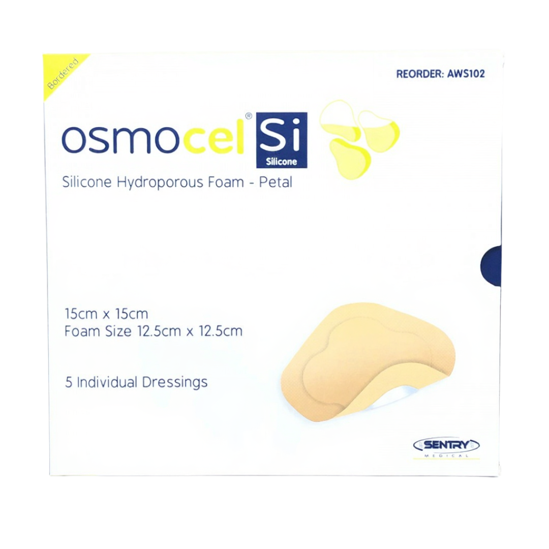 OsmoCel® Si Silicone Hydroporous Foam dressing, bordered, petal shape, size 15cm x 15cm (foam size 12.5cm x 12.5cm). Pack contains 5 individual dressings for advanced wound care and comfort.
