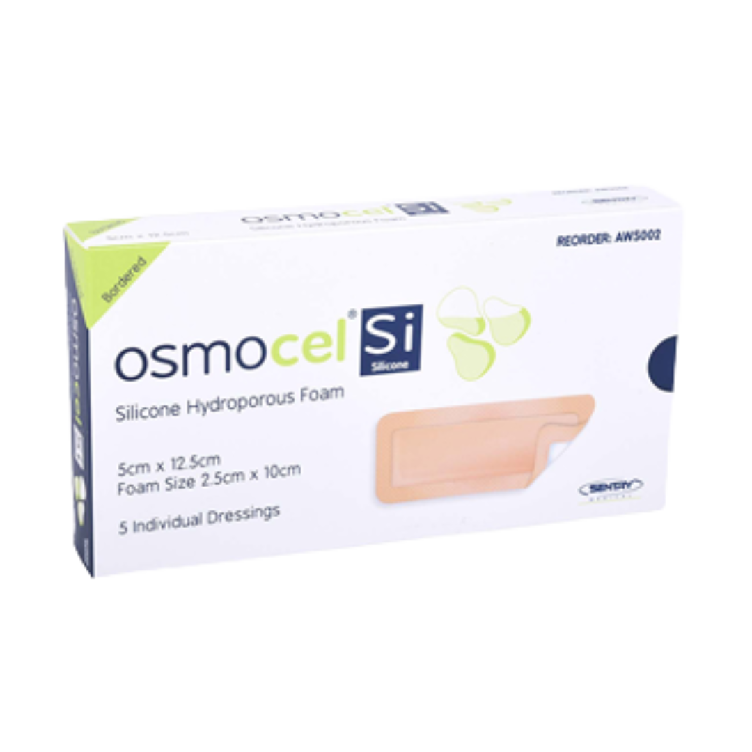 OsmoCel Si Silicone Hydroporous Foam dressing, size 5cm x 12.5cm (foam size 2.5cm x 10cm), shown in original packaging. Contains 5 dressings designed for secure and comfortable wound coverage.
