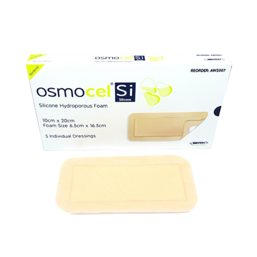 OsmoCel Si Silicone Hydroporous Foam dressing, size 10cm x 20cm (foam size 6.5cm x 16.5cm), shown with packaging and one individual dressing. Pack contains 5 dressings. Ideal for wound care and gentle adhesion.