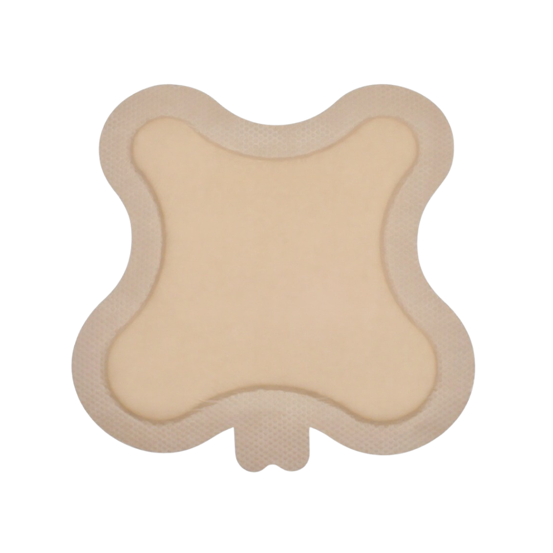 OsmoCel® Si Silicone Hydroporous Foam dressing in Sacral Butterfly shape, bordered design for secure adhesion. Features a soft beige silicone layer with contoured edges for sacral wound care, providing gentle adhesion and effective exudate management.
