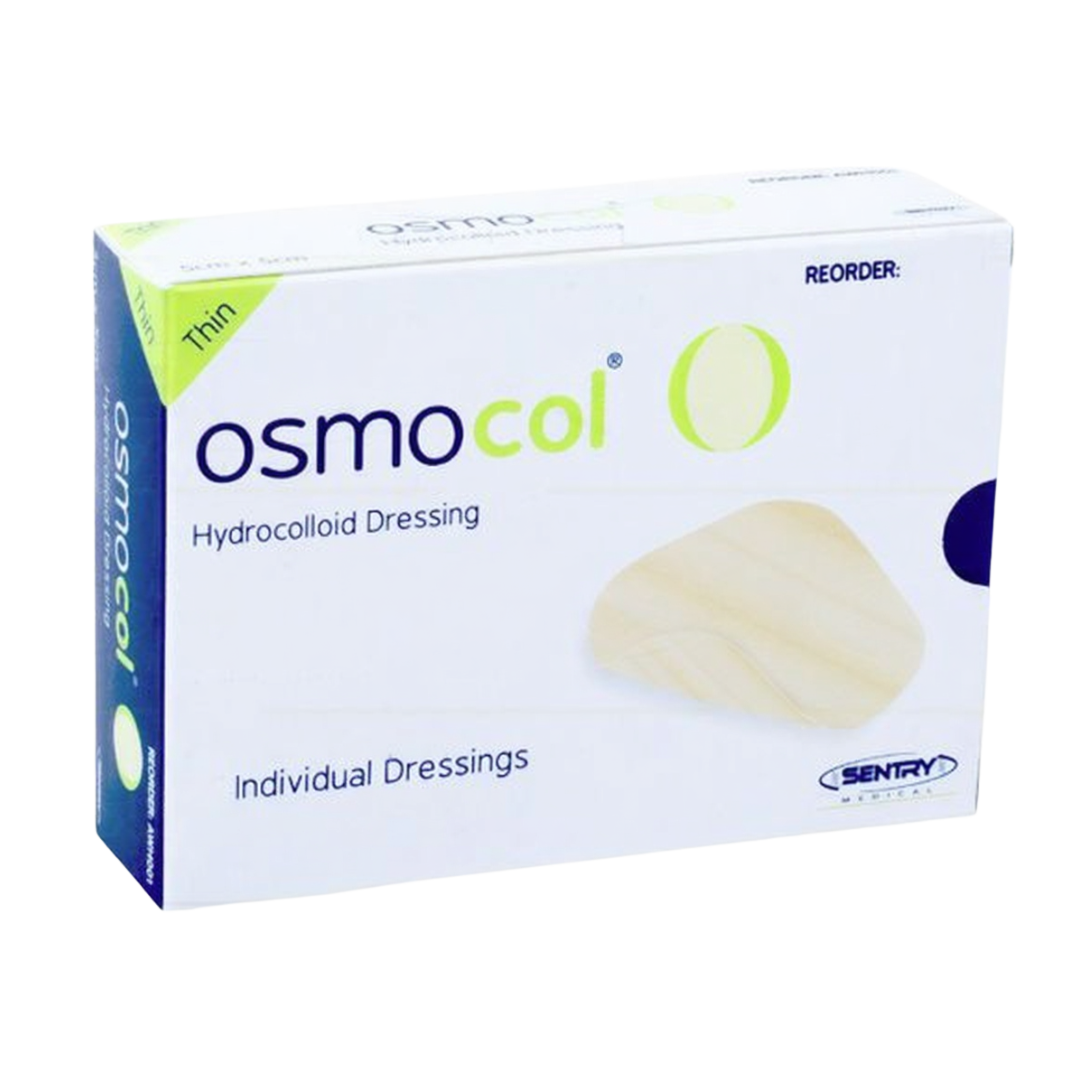 OsmoCol® Hydrocolloid Dressing (Thin), size 15cm x 15cm, displayed in its retail packaging box. Designed for moist wound healing, providing a protective barrier and promoting faster recovery. Pack contains individual sterile dressings.
