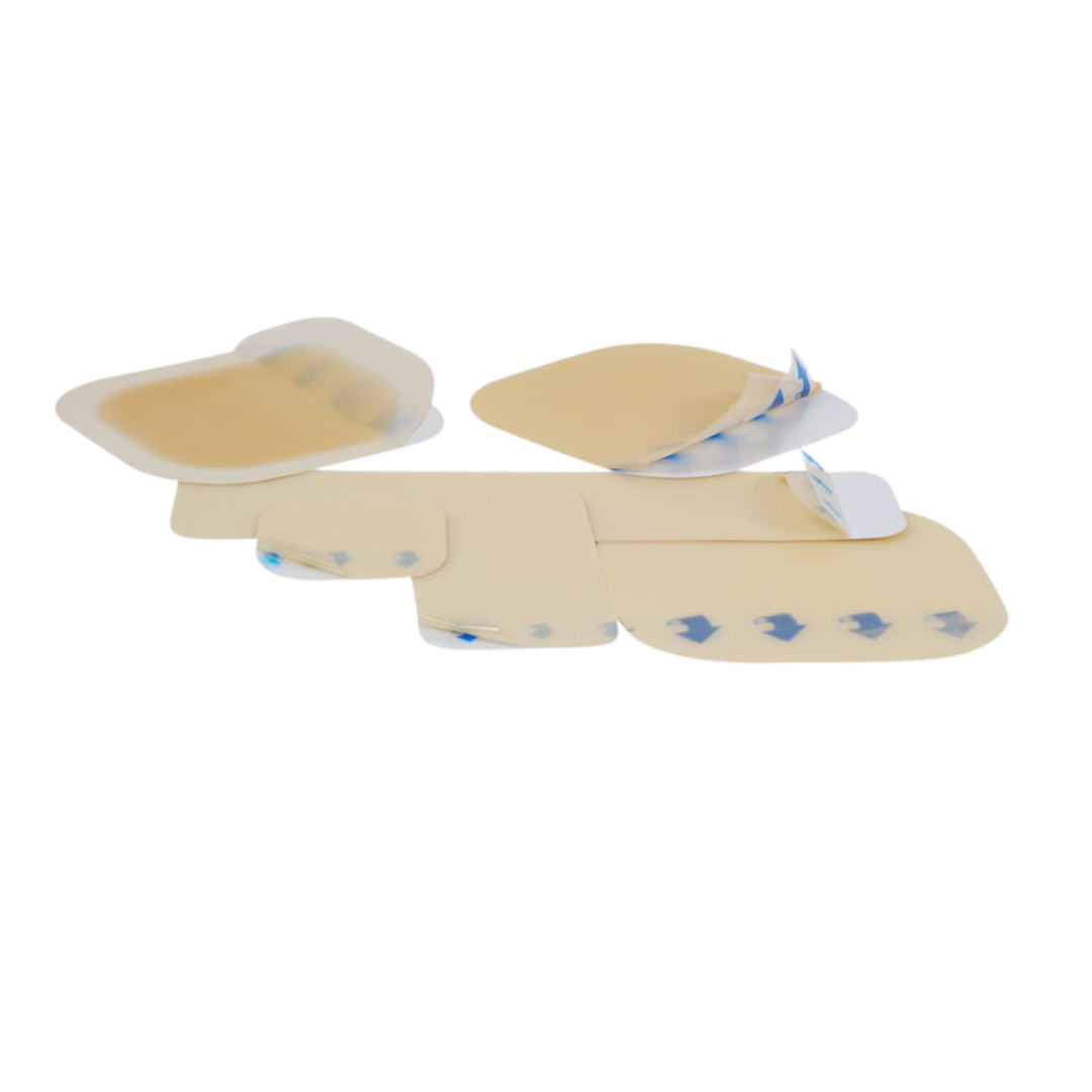 Assorted OsmoCol Hydrocolloid Dressing shapes and sizes for effective wound management and enhanced healing environment.
