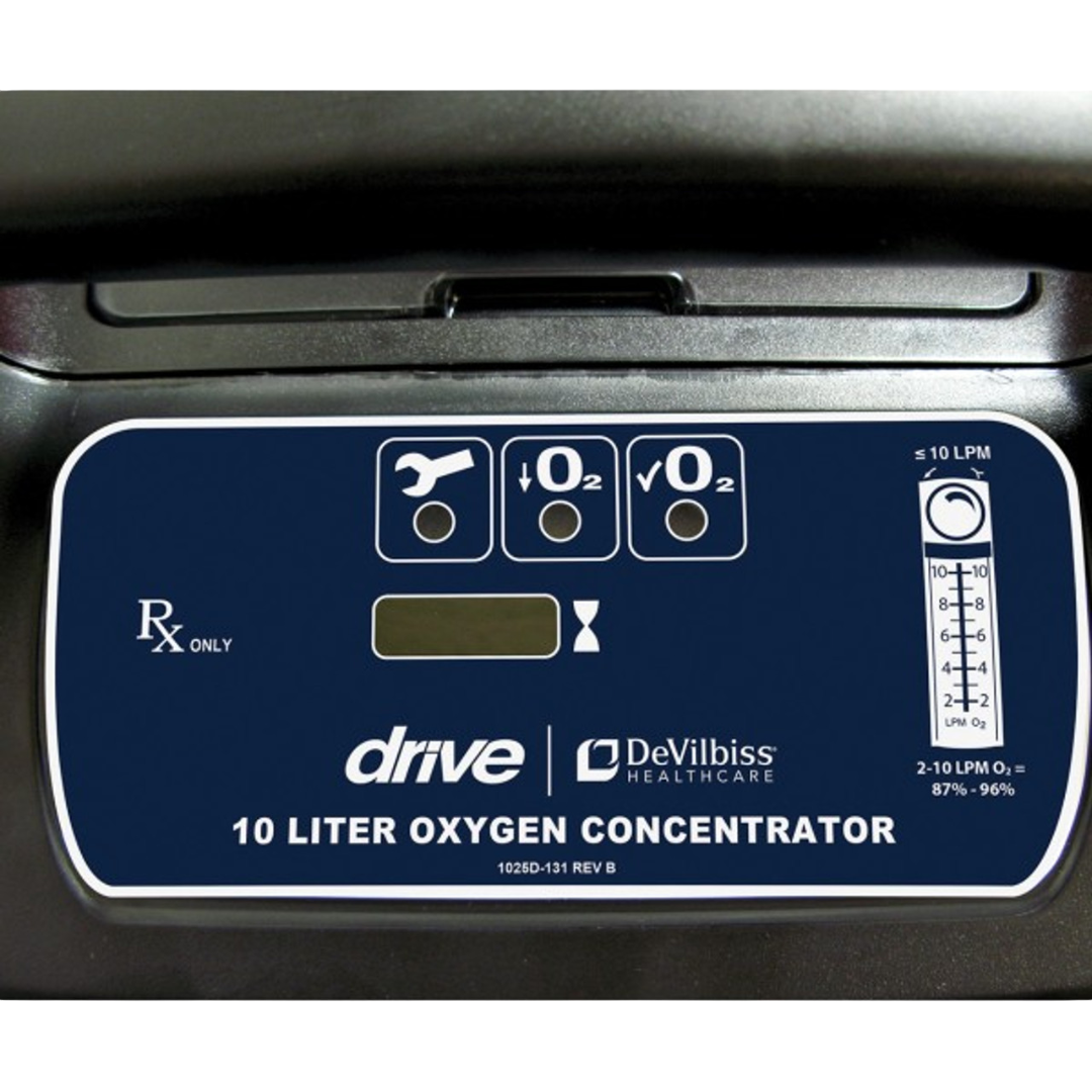 Close-up of Drive DeVilbiss Oxygen Concentrator top control panel with indicators and flow meter for 10-liter oxygen output.

