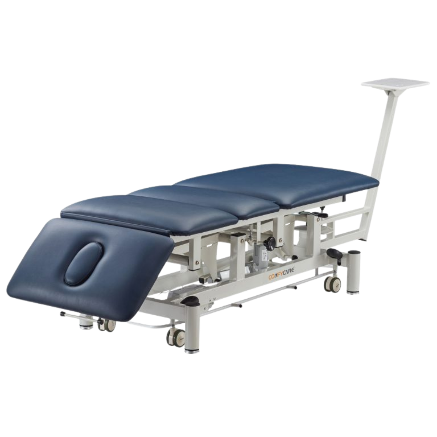 Close-up of the mechanical traction section on a navy blue four-section physiotherapy treatment table