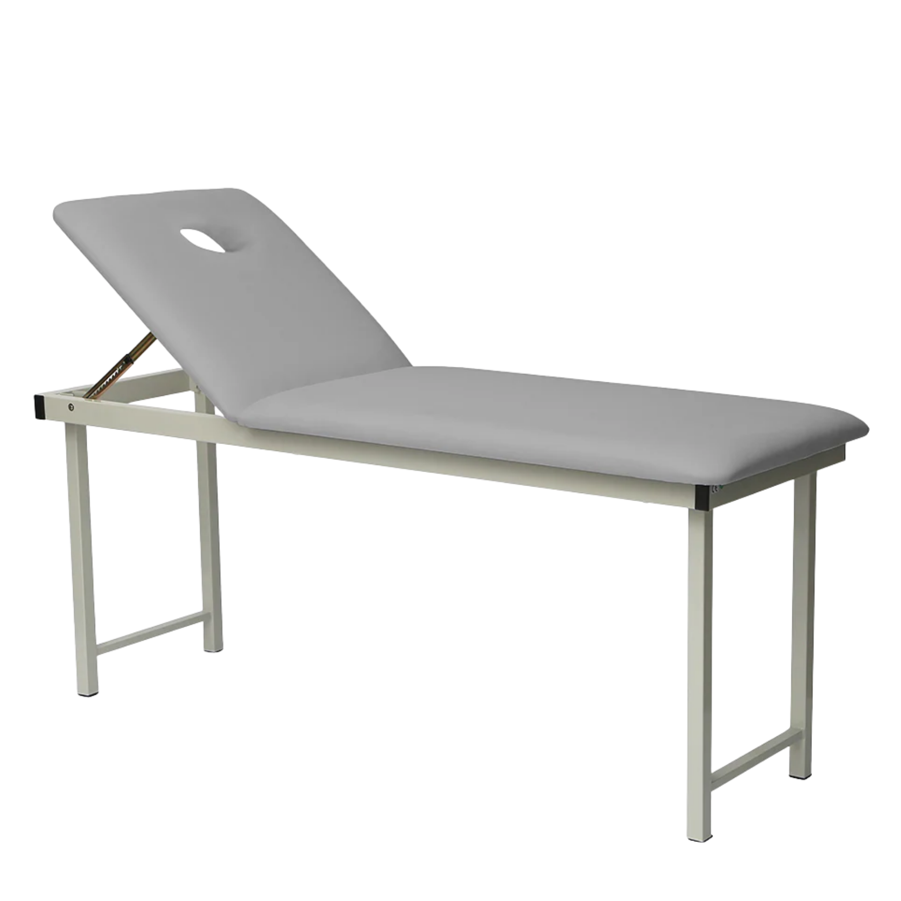 Professional physiotherapy treatment table in grey with a manual adjustable backrest and face cutout.
