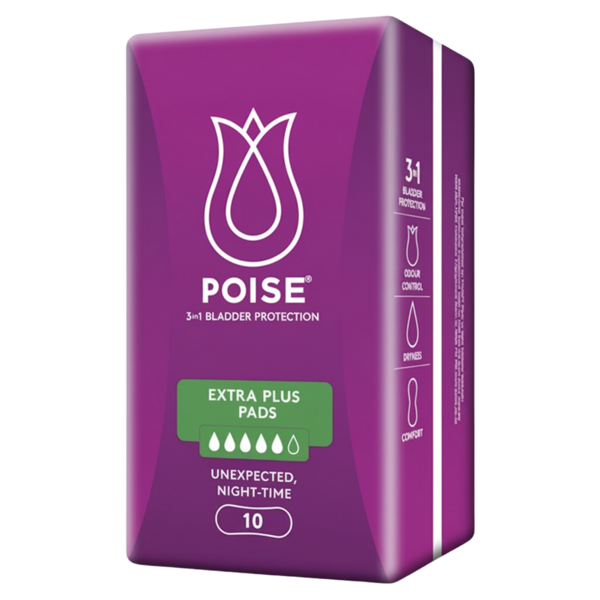 A package of Poise Extra Plus Pads, designed for bladder protection, with a quantity of 10 pads per package.