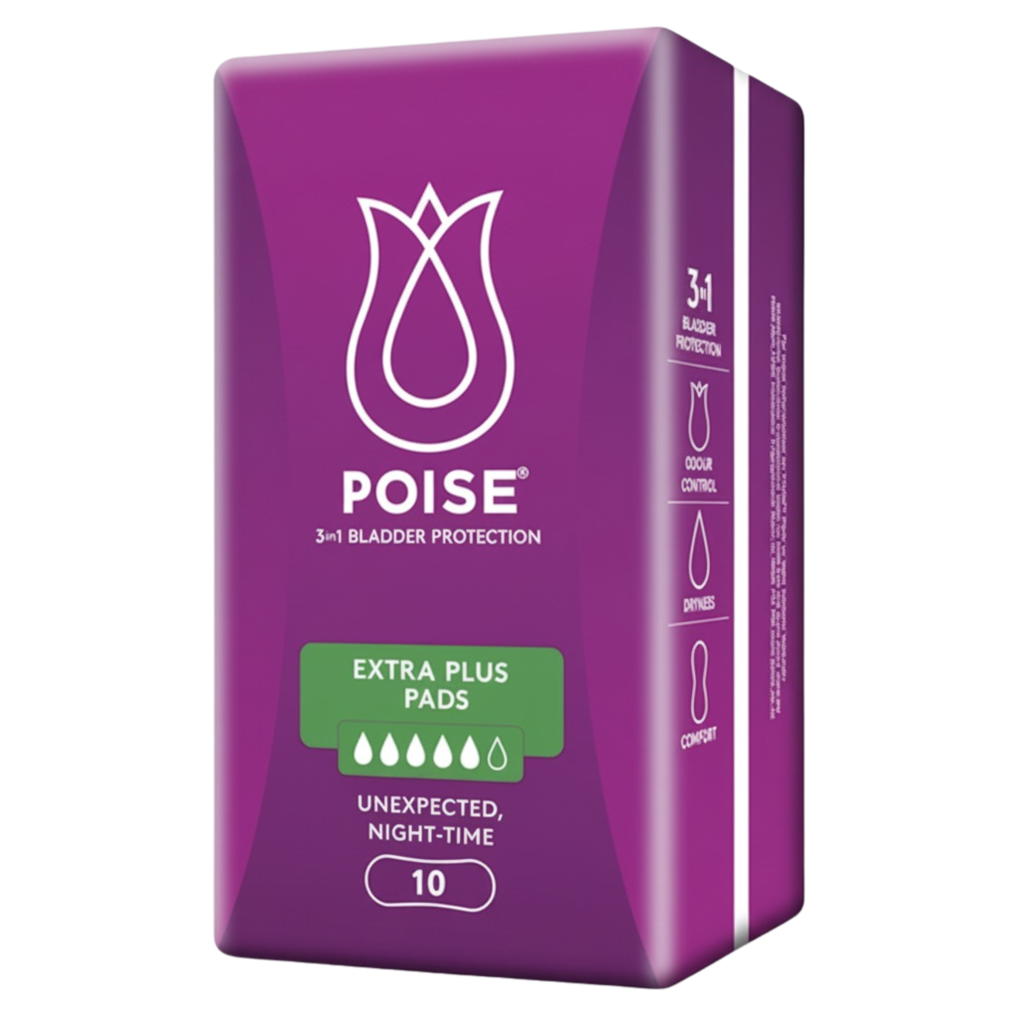 A package of Poise Extra Plus Pads, designed for bladder protection, with a quantity of 10 pads per package.
