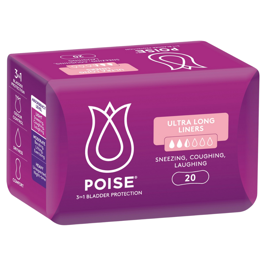 Purple package of Poise ultra long liners on a white background