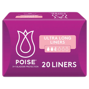 Packaging of Poise Ultra Long Liners with the number 20 indicating the quantity of liners inside. The box is purple with the product name and the Poise brand logo.