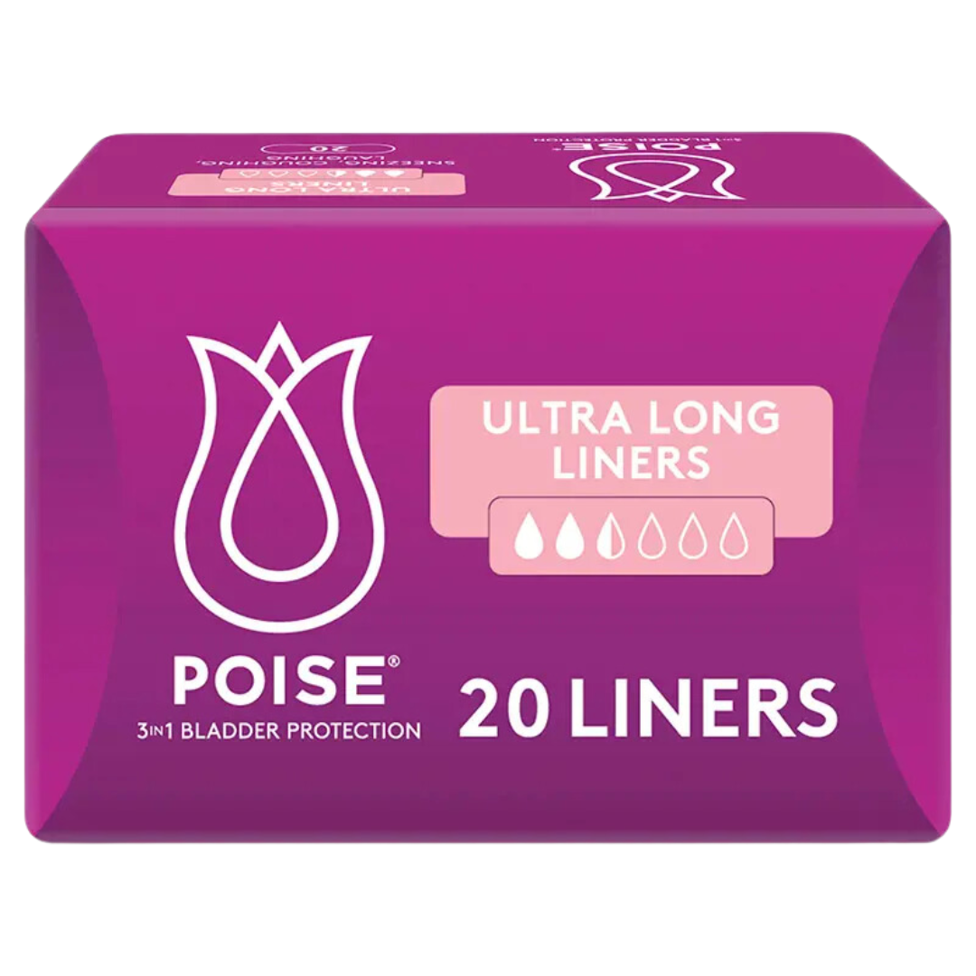 Packaging of Poise Ultra Long Liners with the number 20 indicating the quantity of liners inside. The box is purple with the product name and the Poise brand logo.