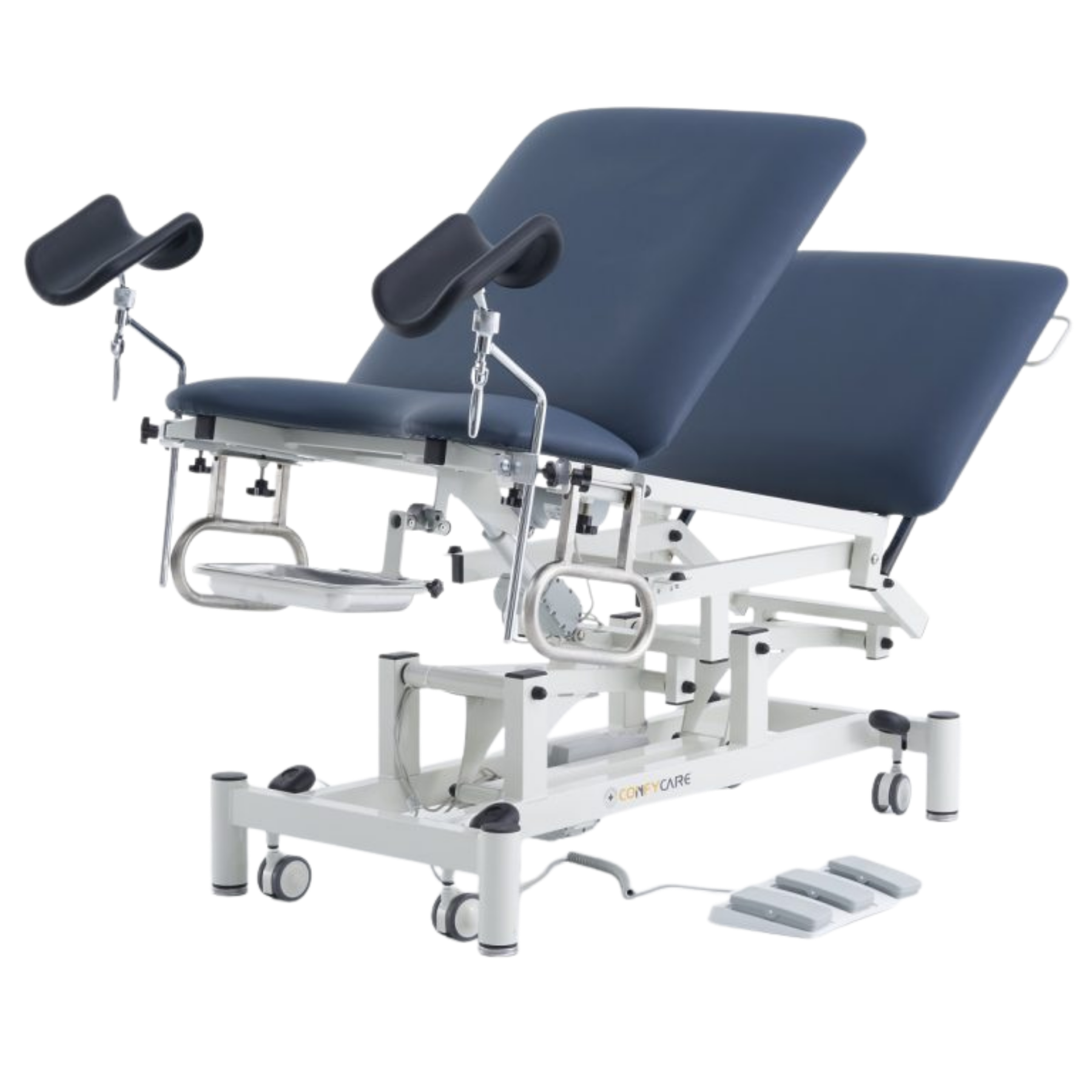 Navy Blue Premium Gynaecology Couch with adjustable stirrups, electric foot pedal control, and heavy-duty caster wheels.