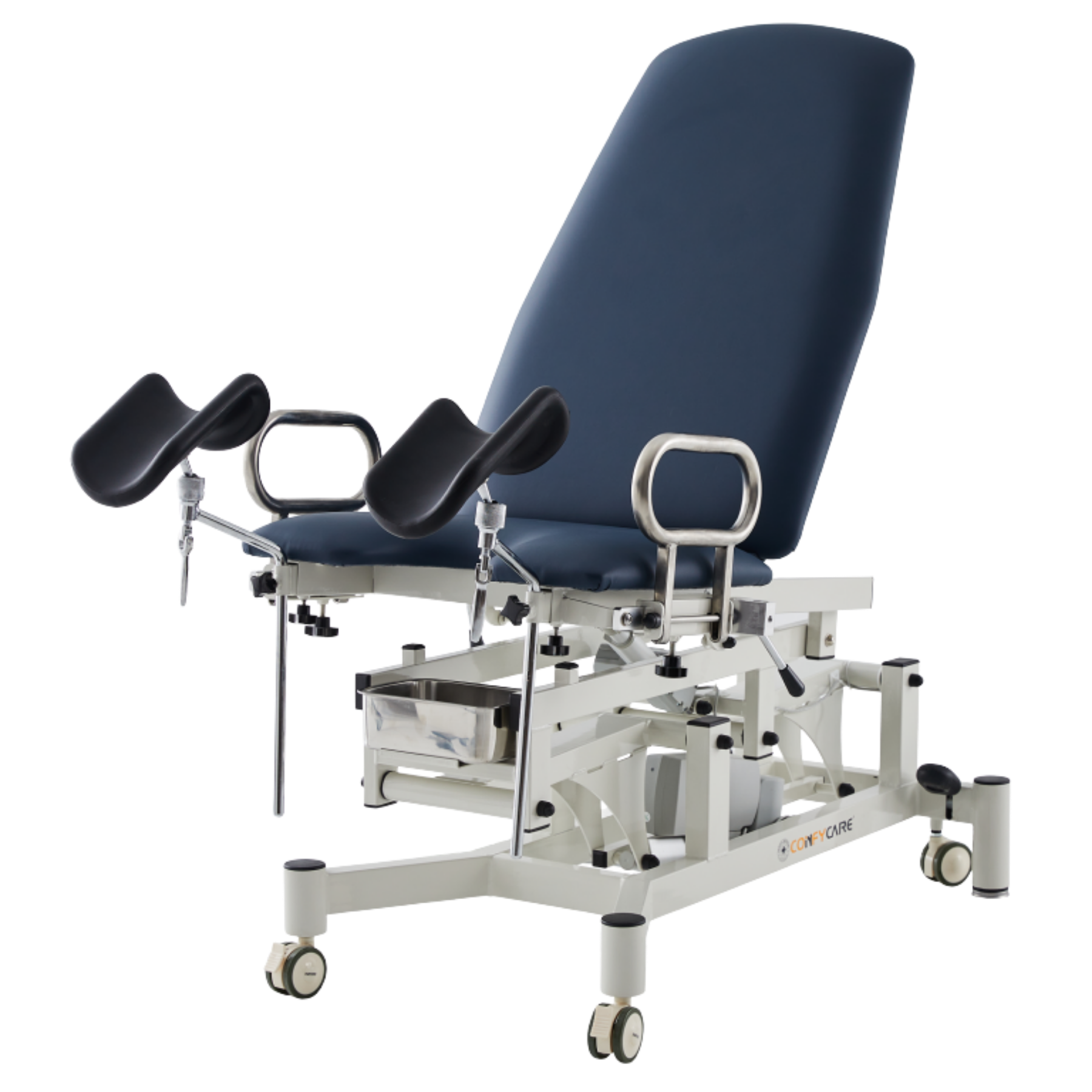 Premium navy blue gynaecology treatment table equipped with medical stirrup attachments and locking caster wheels