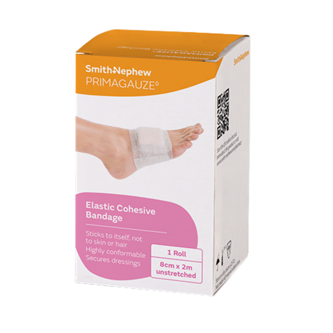 Smith & Nephew Primagauze Elastic Cohesive Bandage, 8cm x 2m roll. Box shows the bandage applied to a foot to secure a dressing.