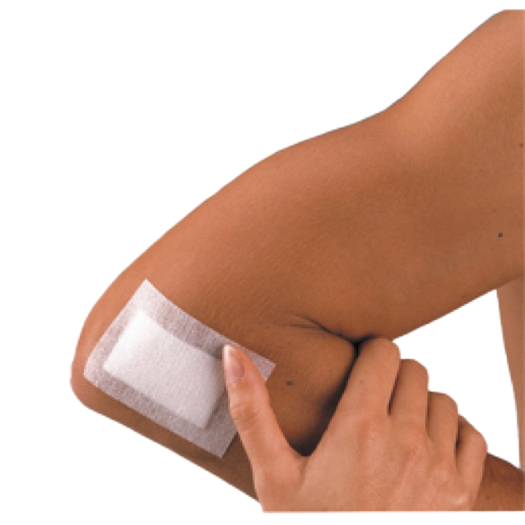 A person applying a white Smith & Nephew Primapore adhesive wound dressing to their outer elbow for post-operative or minor wound care.