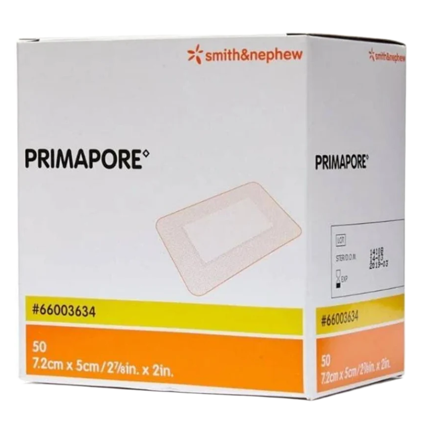 Retail packaging box of Primapore adhesive wound dressings, size 7.2cm x 5cm, containing 50 sterile dressings.