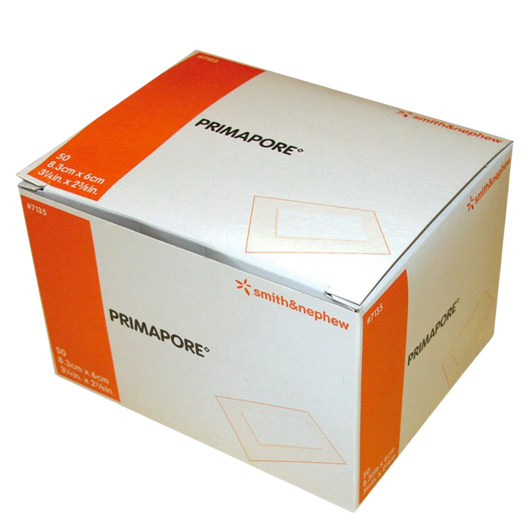 A white and orange box of Primapore Adhesive Non-Woven Wound Dressings by Smith & Nephew, displaying the size $8.3\text{cm} \times 6\text{cm}$ ($3\text{1/4}\text{in} \times 2\text{3/8}\text{in}$) and a quantity of 50.