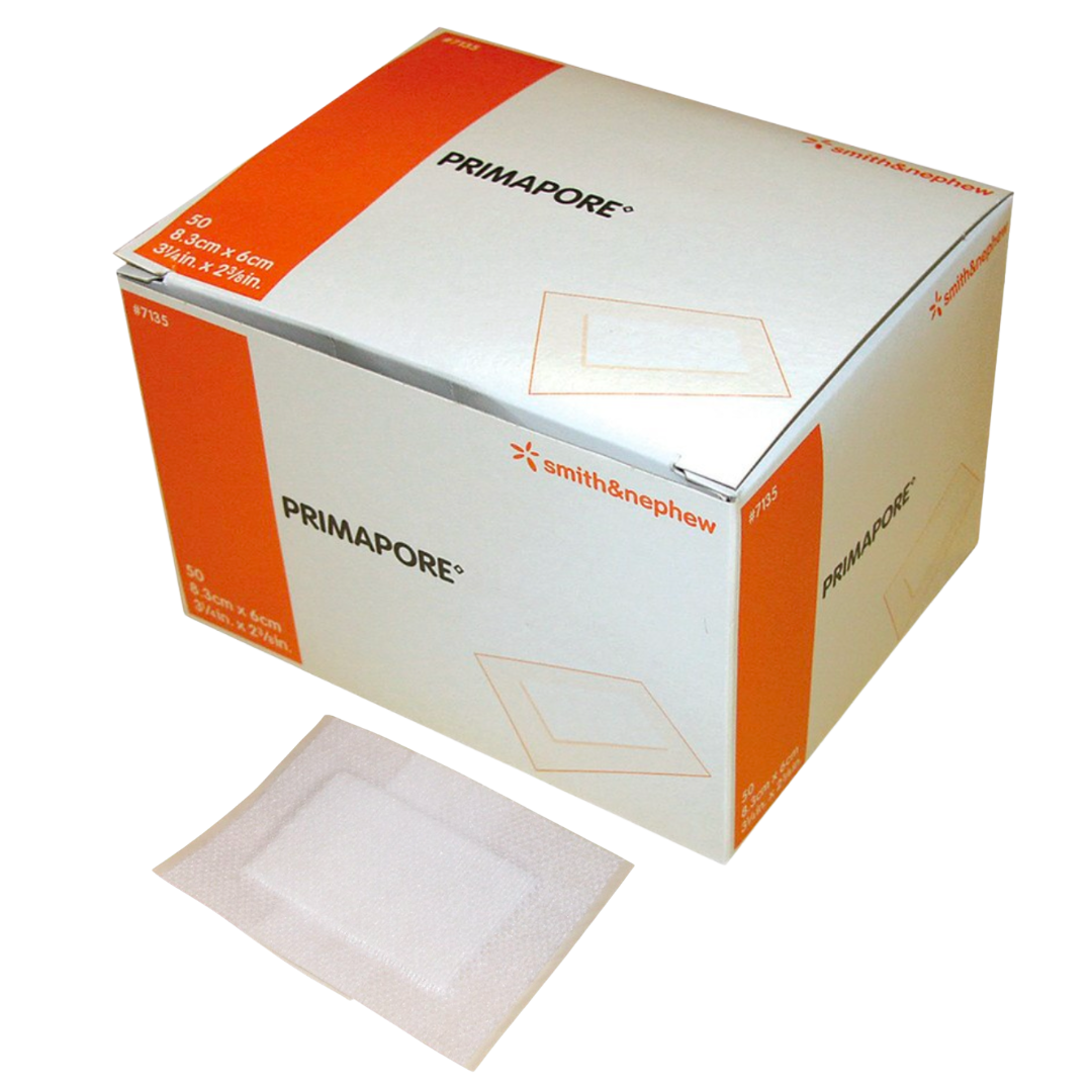 A white and orange box of Primapore dressings with a single $8.3\text{cm} \times 6\text{cm}$ sterile-packaged non-woven adhesive wound dressing resting in front of it.