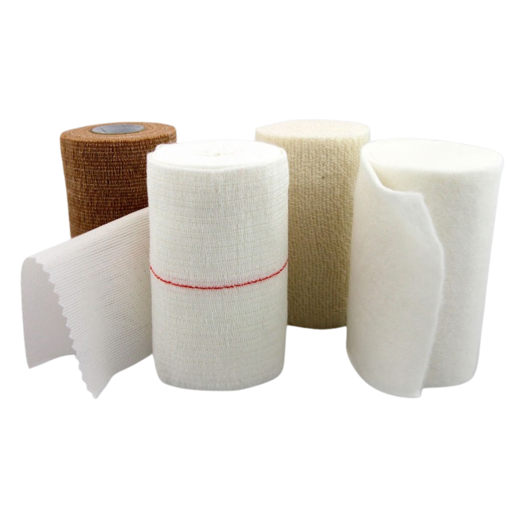 Close-up of four different bandage rolls from a PROFORE compression system, showing padding, light conformable, and cohesive layers.