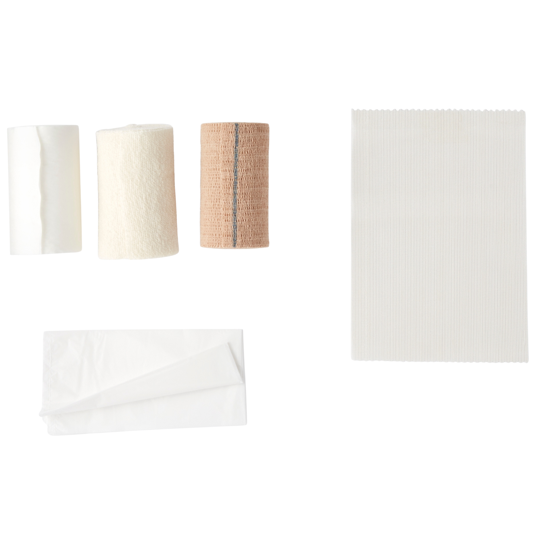 Top-down view of the individual layers of a PROFORE Lite bandage system including wound contact layer, padding, and cohesive bandage.