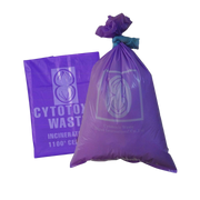 Two purple cytotoxic waste bags, one flat and one tied shut, featuring the biohazard symbol, the text 'CYTOTOXIC WASTE', and 'INCINERATE 1100° CEL' for disposal requirements.