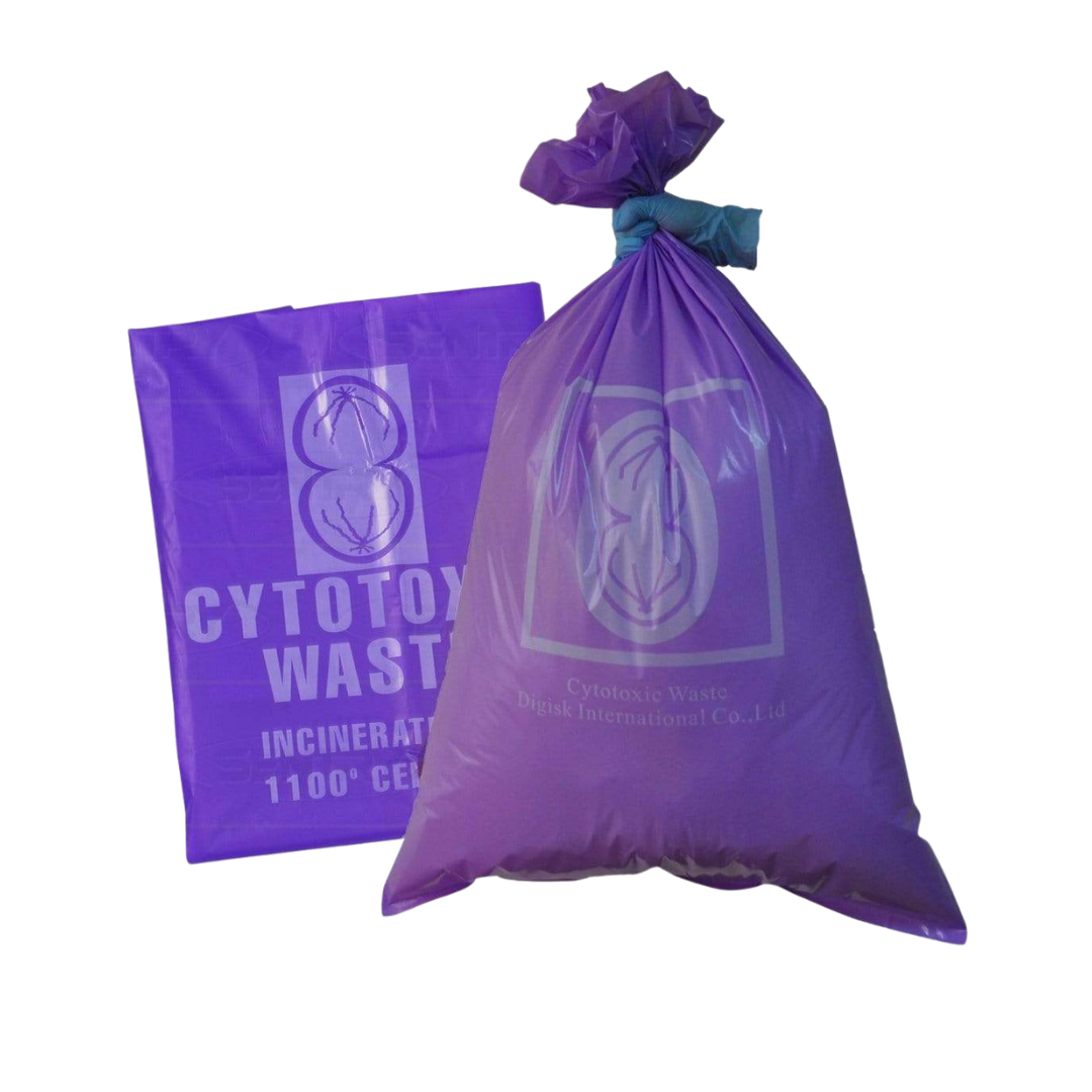 Two purple cytotoxic waste bags, one flat and one tied shut, featuring the biohazard symbol, the text 'CYTOTOXIC WASTE', and 'INCINERATE 1100° CEL' for disposal requirements.