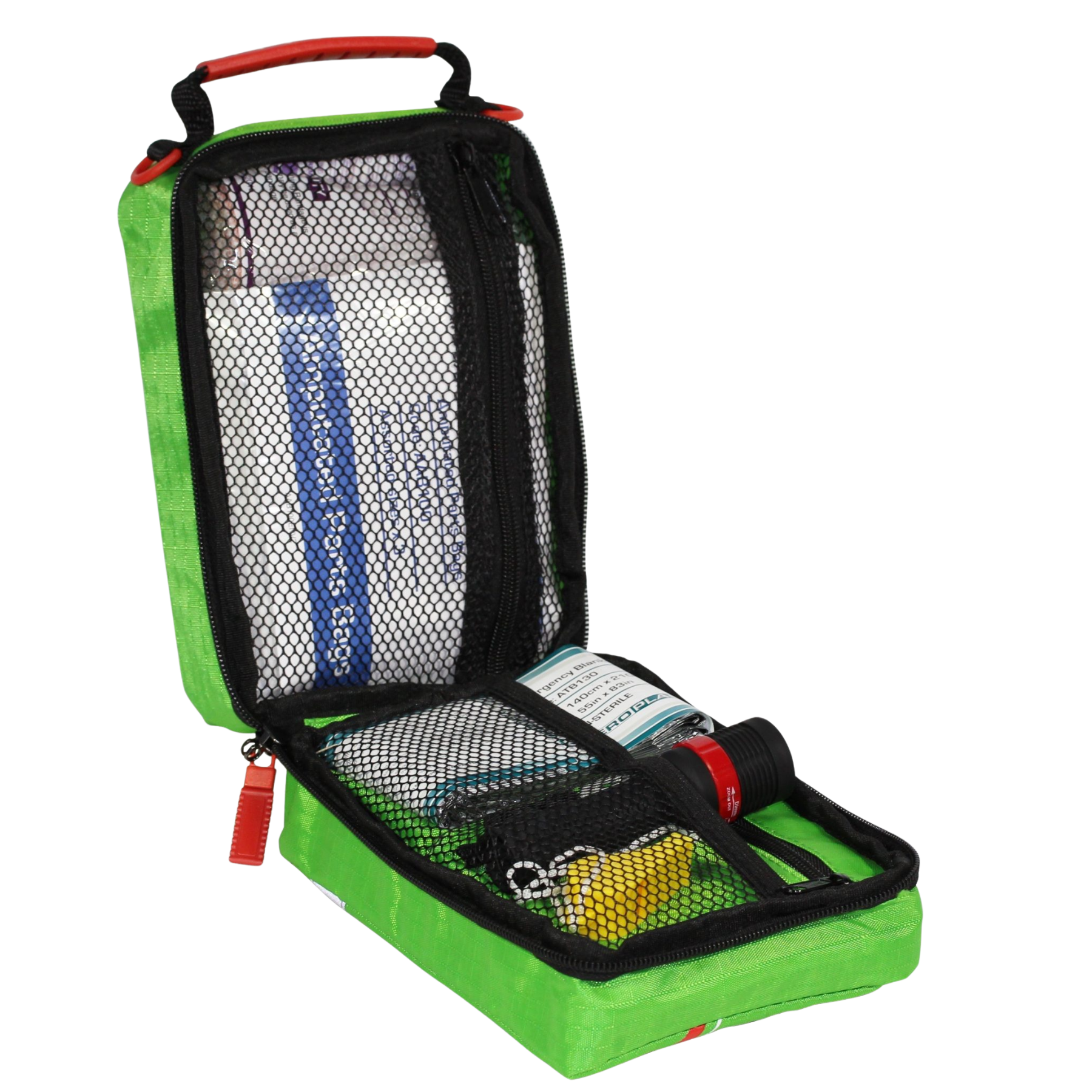 Front view of a green Regulator Remote Work First Aid Kit featuring a white medical cross, red stripes, and a compass icon. The bag has a durable red handle and reflective strip.