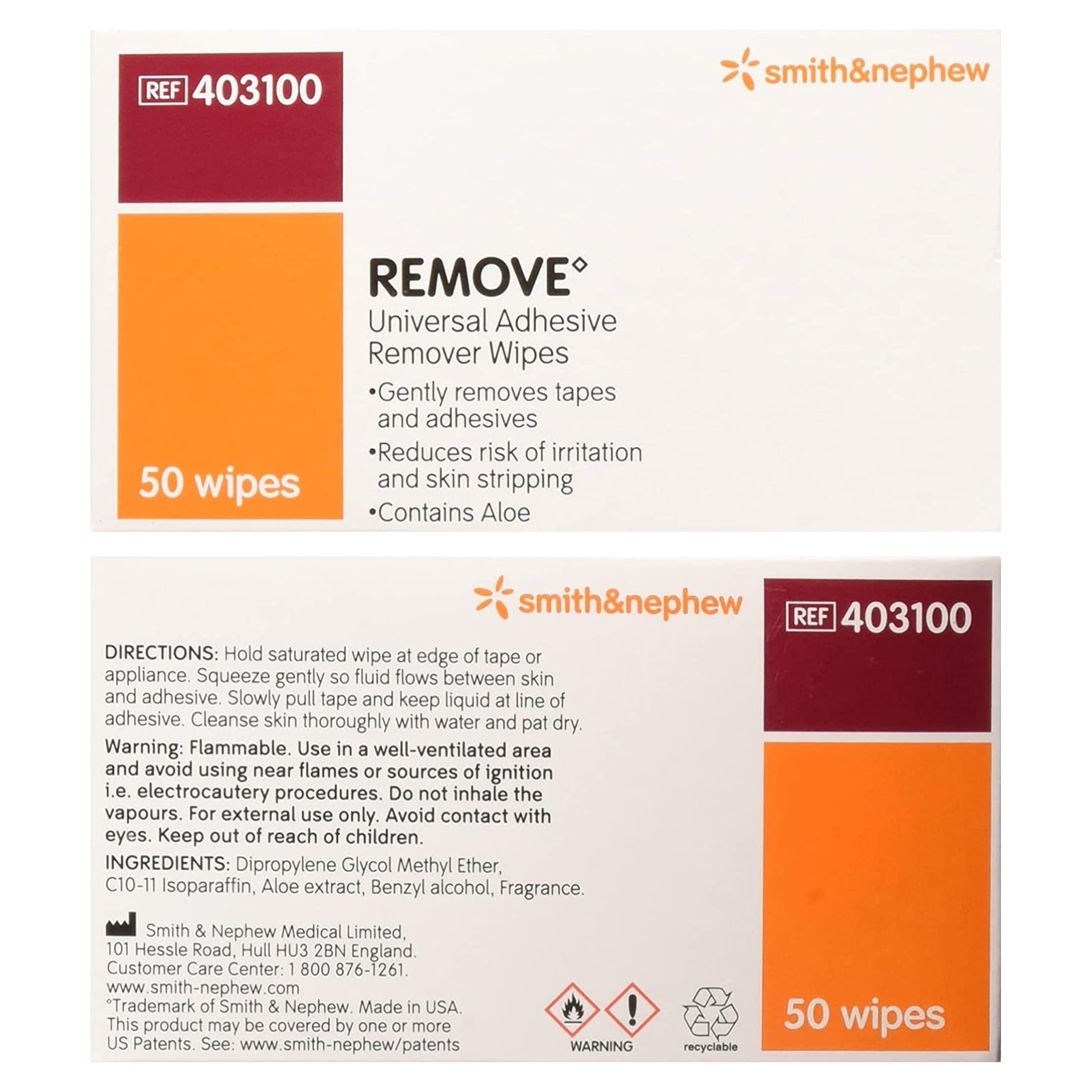 Front and back view of the Smith & Nephew REMOVE wipes packaging, showing the ingredient list including Aloe extract, safety warnings, and step-by-step directions for gently removing medical tapes and adhesives.