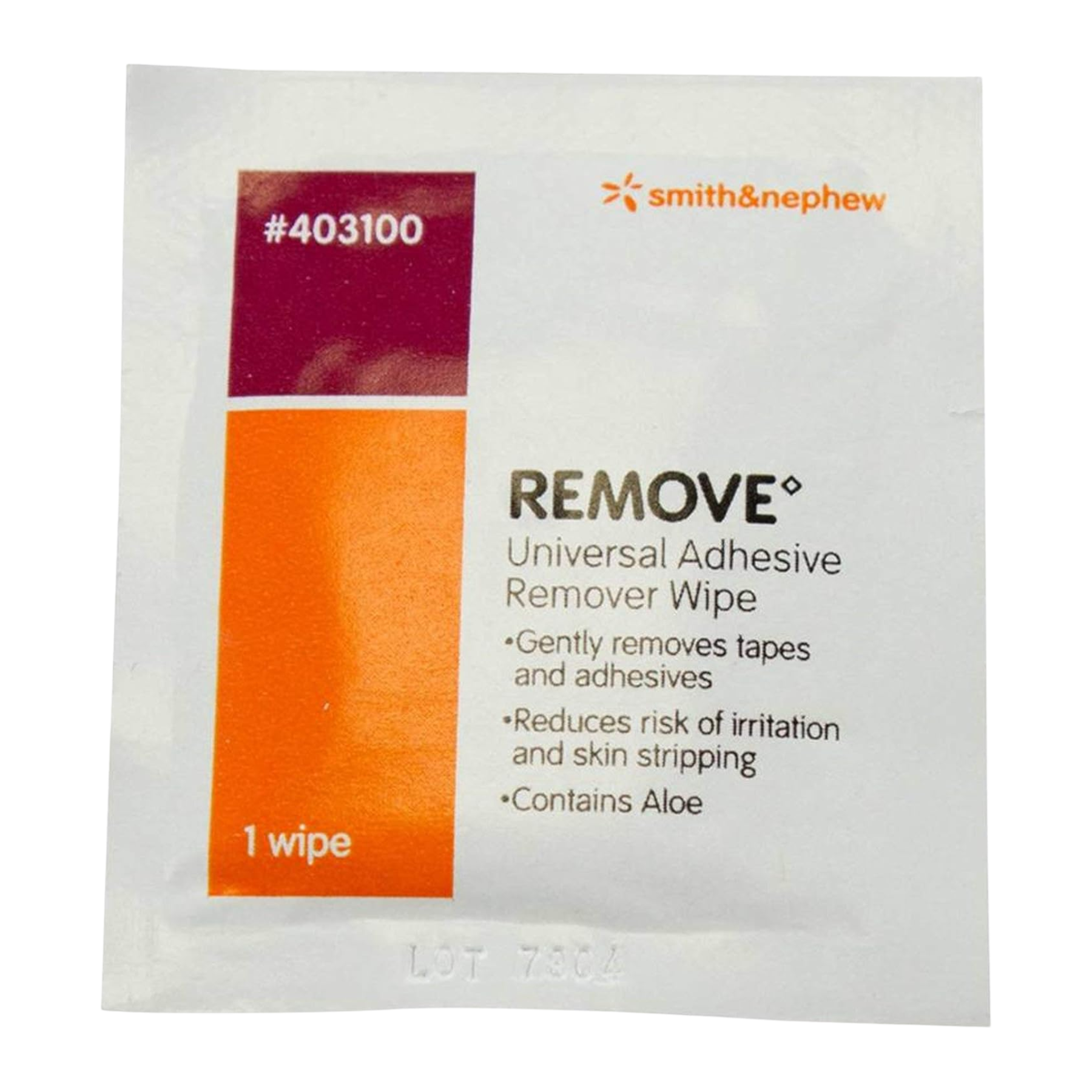 A close-up of a single, individually wrapped Smith & Nephew REMOVE Universal Adhesive Remover Wipe (REF 403100), featuring an easy-peel foil pouch.