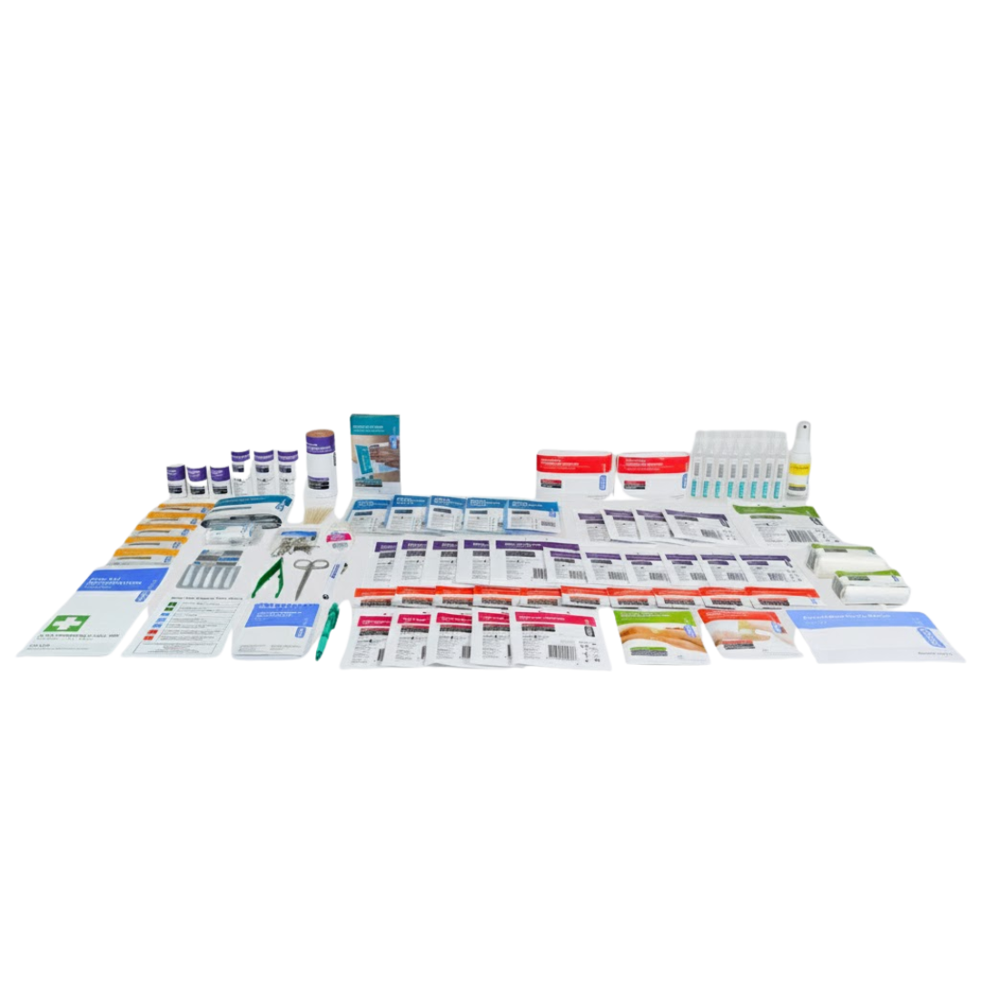Comprehensive contents of the Responder 4 Softpack Kit: bandages, sterile dressings, saline, medications, and instruments.