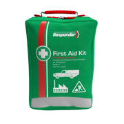 Green Responder Series 4 Softpack First Aid Kit. Workplace Standard with ute, factory, and worker icons.