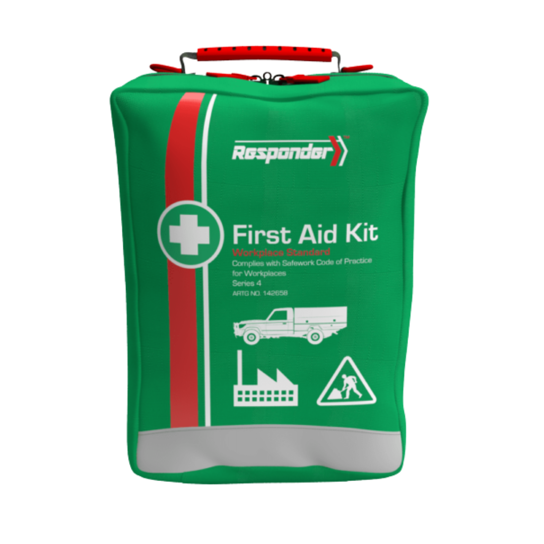 Green Responder Series 4 Softpack First Aid Kit. Workplace Standard with ute, factory, and worker icons.