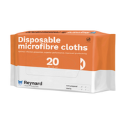 A 20-count soft pack of Reynard disposable microfibre cloths, sized 40 by 32 cm, designed for infection prevention and superior performance.