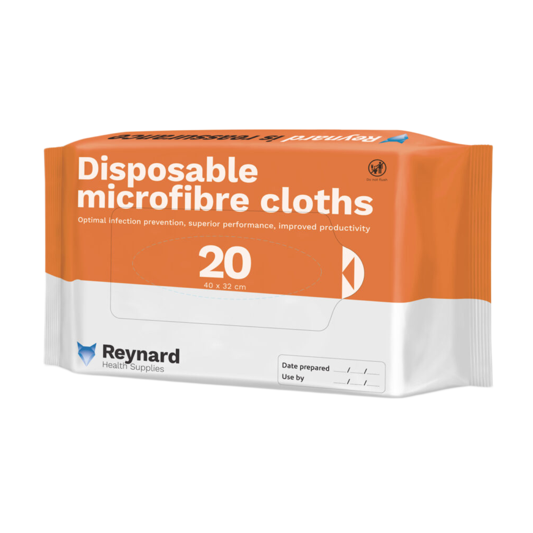 A 20-count soft pack of Reynard disposable microfibre cloths, sized 40 by 32 cm, designed for infection prevention and superior performance.