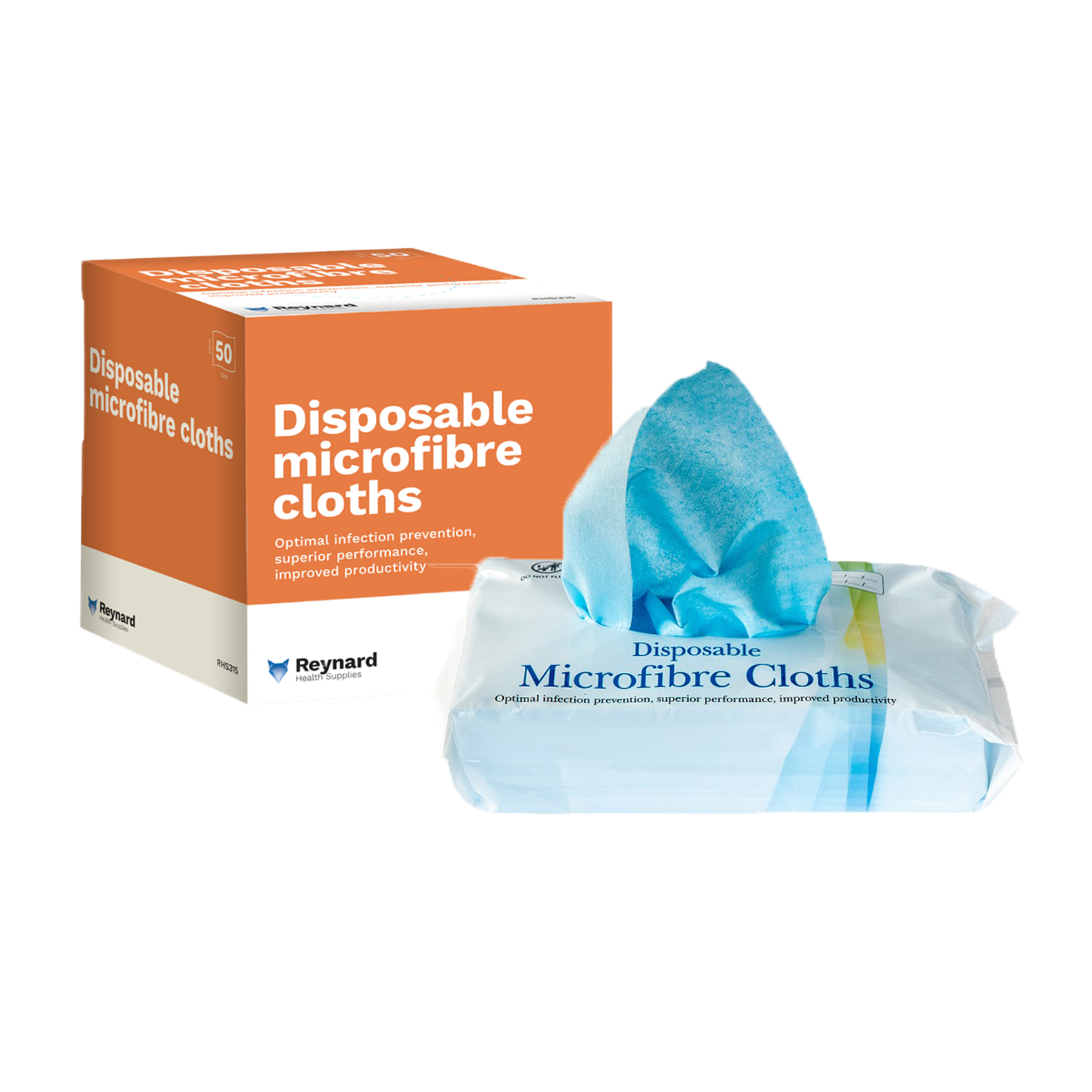 Reynard Health Supplies disposable microfibre cloths featuring a 50-count orange dispenser box and a soft blue cloth being pulled from a flow pack.