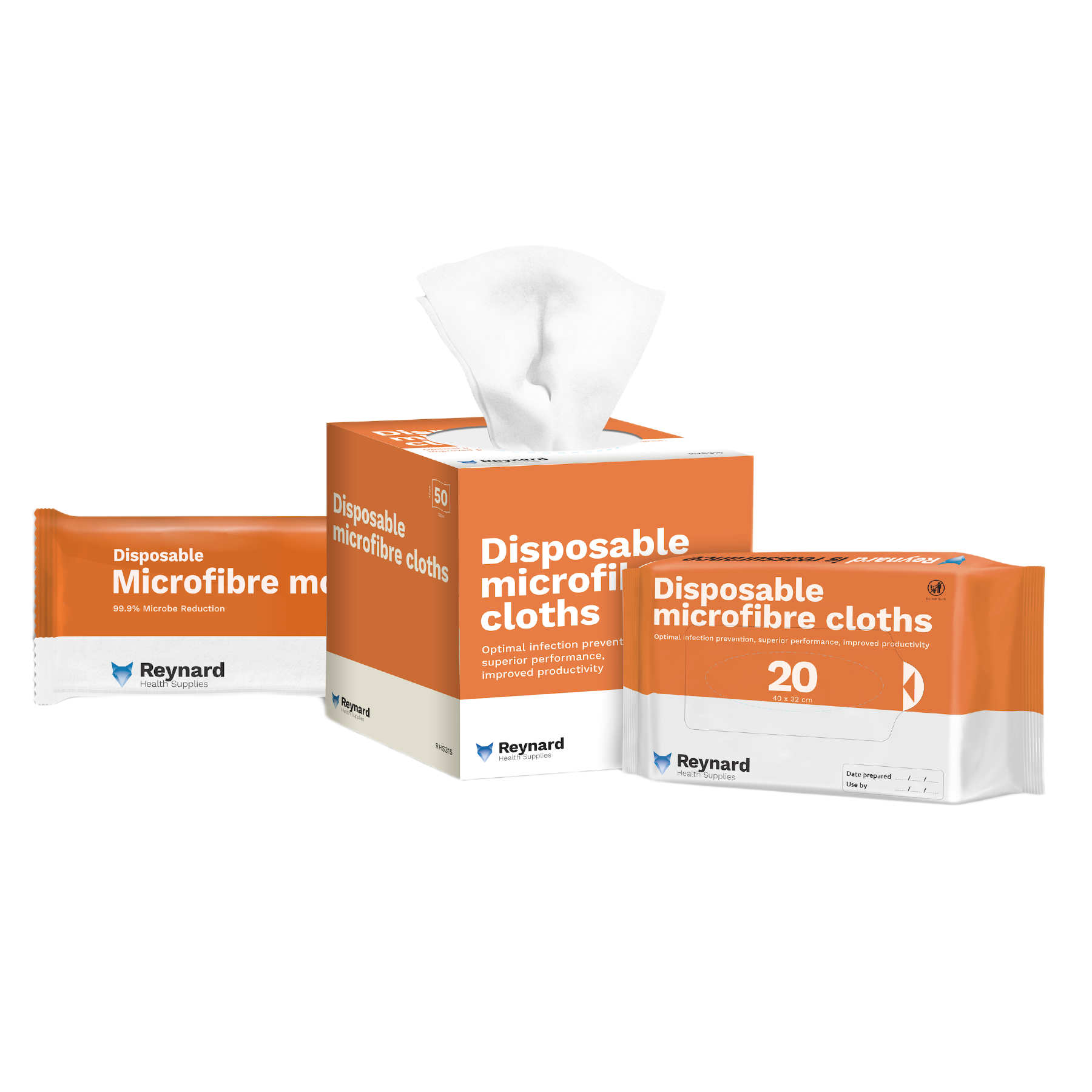 A collection of Reynard disposable microfibre cloths showing the orange dispenser box with a white cloth, a 20-count soft pack, and a single-use sachet.