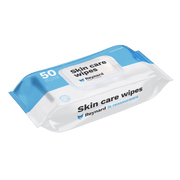 Packaging of Reynard Skin Care Wet Soft Pack Wipes with 50 wipes inside, presented in a re-sealable blue and white plastic bag.