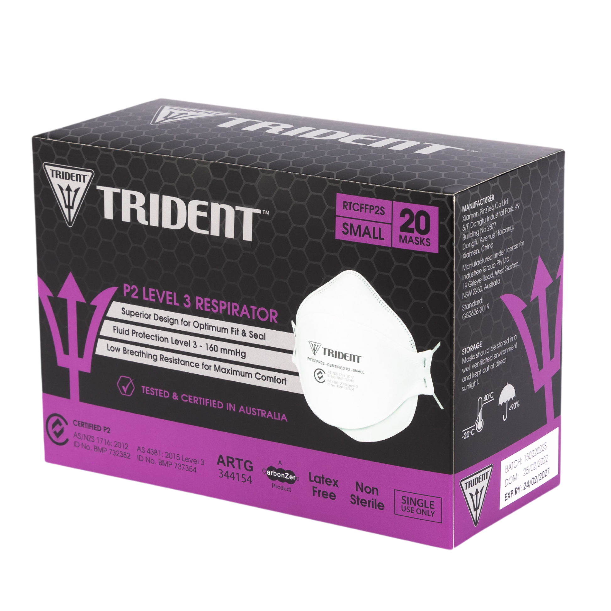 Trident Flat Fold P2 Level 3 Respirator Small 20 Units Per Box Surgical Facemasks & Respirators