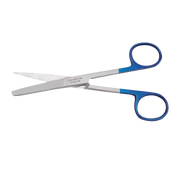 Sayco Dressing Scissors, Sharp/Blunt tip, 12.5cm length. Made from high-quality stainless steel with blue finger rings for easy grip. Designed for single-use and supplied in sterile condition, ideal for cutting dressings and medical applications.
