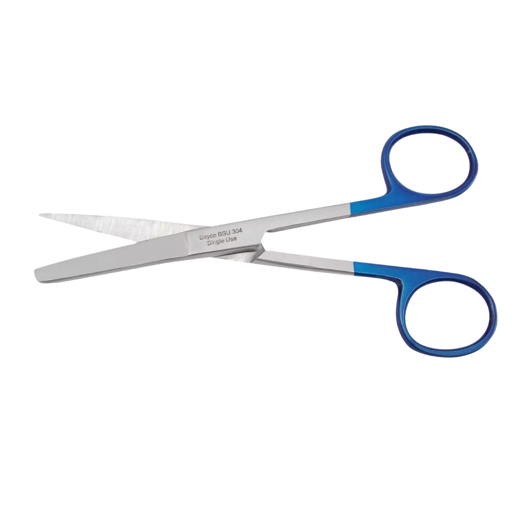 Sayco Dressing Scissors, Sharp/Blunt tip, 12.5cm length. Made from high-quality stainless steel with blue finger rings for easy grip. Designed for single-use and supplied in sterile condition, ideal for cutting dressings and medical applications.
